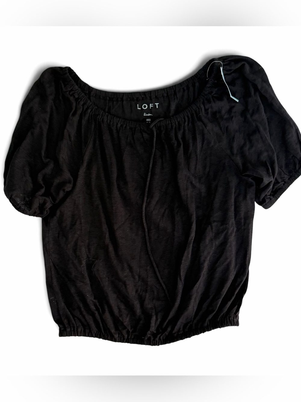 LOFT Linen Blouse Womens Small Petite Black Peasant Scoop Neck Puff Short Sleev